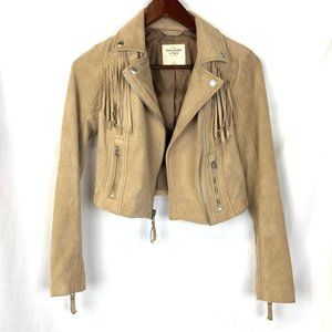 Abercrombie A&F tan Suede crop fringe Moto jacket
